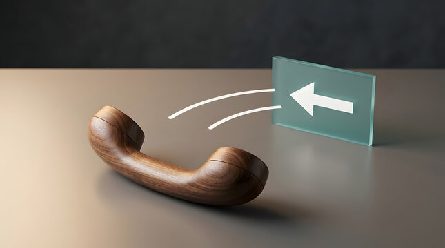 Callback phone wood, handset and arrow on desk for customer support, service and contact. Communication, business help and feedback with vintage hardware, redirection and office work for help now.