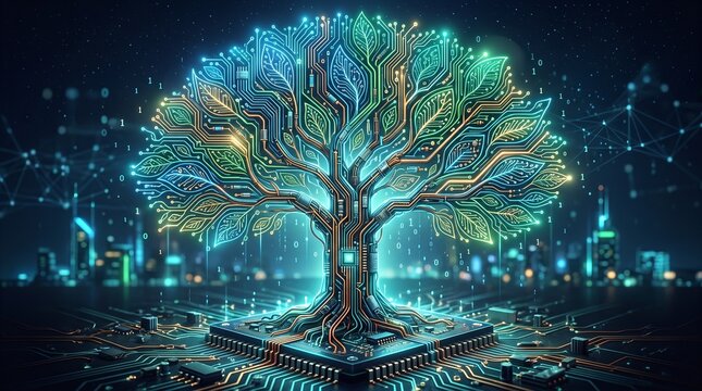 Digital tree growing from a microchip representing artificial intelligence and technology growth