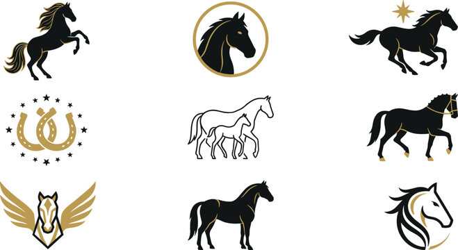 Minimalist Horse Logo Collection Vector Featuring Abstract Geometric Lineart Stallion Running Mustang Pegase and Lucky Gold Horseshoe Icon Elements