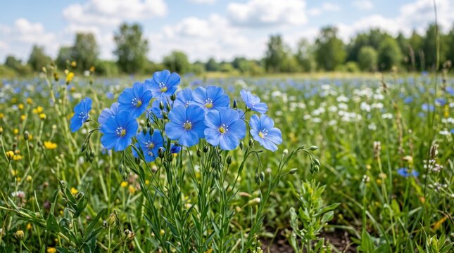 Bright blue flax flowers blooming in a summer meadow with green grass and blurred trees under a cloudy sky