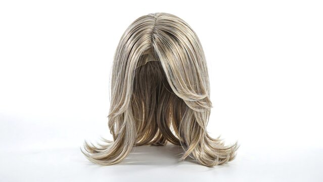 Long blonde layered wig with straight hairstyle isolated on white background