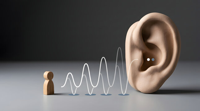 Ear, hearing and sound waves with wooden figure for communication, listening and audiology. Sensory perception, anatomy and noise with frequency, healthcare and psychological research for medical hel
