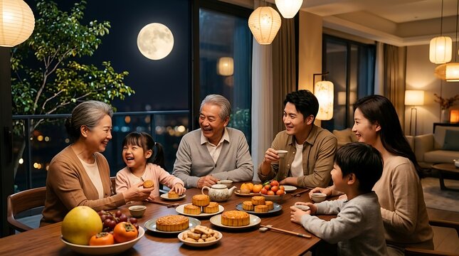 Asian family reunion dinner celebration at home. Grandparents, parents and children enjoying mooncakes dinner together. Three generation relatives having happy autumn evening gathering with full