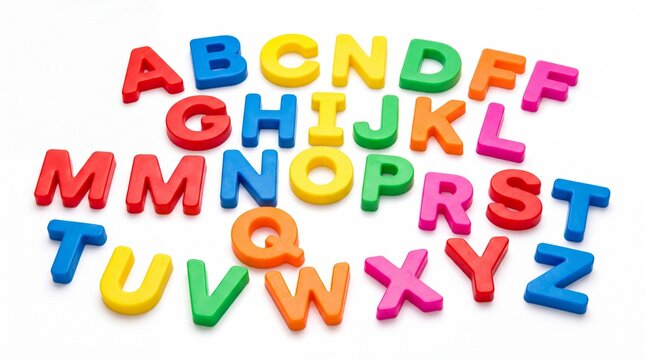 Colorful plastic alphabet letters scattered in random arrangement to create educational learning tools on white background
