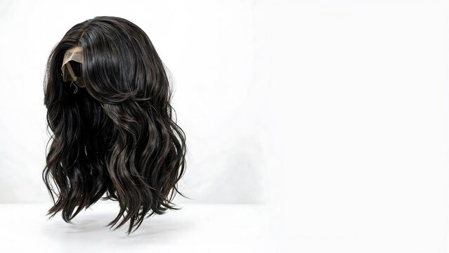 Long black wavy wig isolated on white background