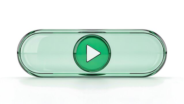 Green play button on transparent rounded media control isolated on white background