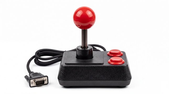Vintage arcade joystick controller with red buttons and black braided cable resting on white background