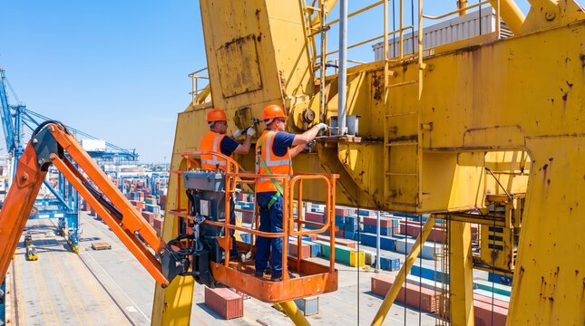 Two workers in hard hats and safety vests repairing yellow port crane from aerial work platform. Industrial maintenance at container terminal. Heavy machinery service and logistics operations concept.