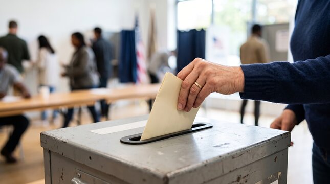 Woman putting ballot into vote box at polling station during election. Voter casting vote at polling place with people in background. Democracy, civic participation and american election concept.
