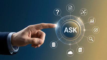 Obraz premium Ask support, help and finger pointing at digital button for customer service. Person, helpdesk and online information with icons for assistance, faq and web inquiry for contact or expert guidance