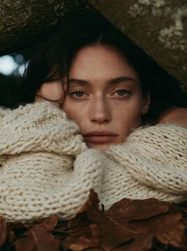 Portrait of a young woman with dark hair and freckles. she is lying on a bed of fallen leaves, with her head resting on a tree trunk.
