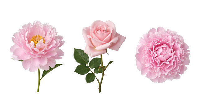Set of 3 isolated fresh pink peony and rose flower stems elements, floral botanical
