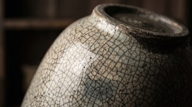 Close up of a ceramic vase with a detailed crackled glaze pattern showing dark webbed lines on a light beige surface with a dark brown rim against a blurred wooden background