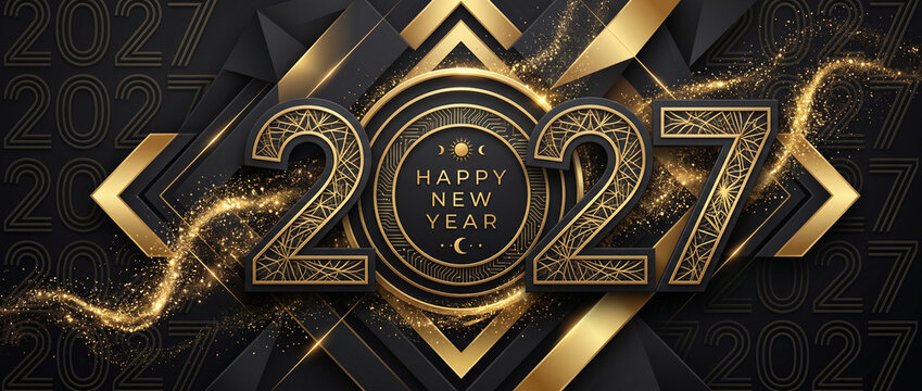 Happy New Year 2027 Luxury Black and Gold Art Deco Number Design with Sun Moon Emblem and Sparkle Swirl Banner