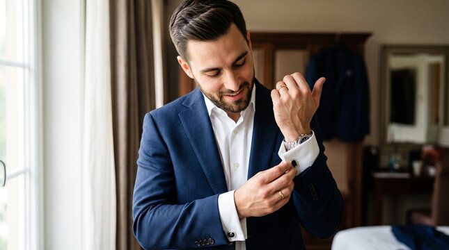 Groom putting on cufflinks, Young man in suit adjusting cufflinks in modern bedroom  