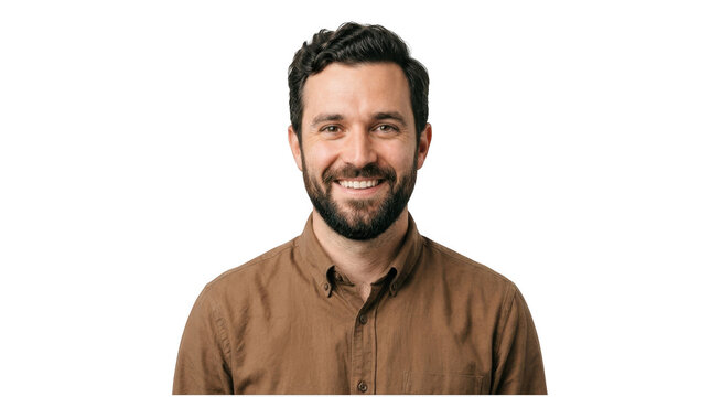Portrait of a smiling bearded man in a brown shirt isolated on a white background