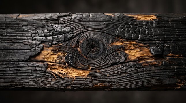 Close up of a charred wooden beam with deep cracks and a prominent knot showing natural grain patterns and contrast between burnt black charcoal surfaces and exposed light brown raw timber