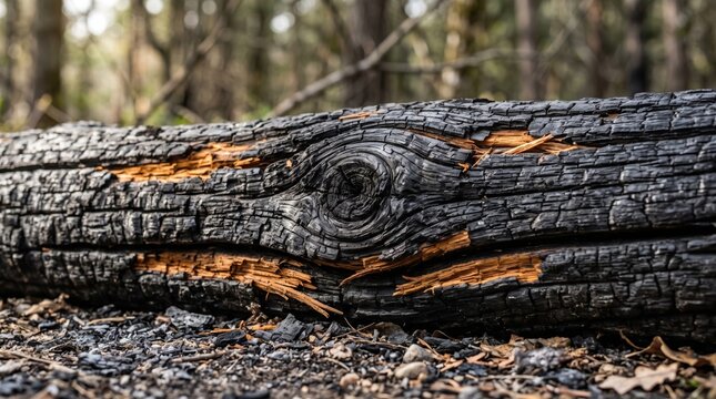 Close up of a charred timber log with deep cracks and a prominent knot lying on the forest floor showing black burnt bark and exposed orange wood grain texture in a natural outdoor setting