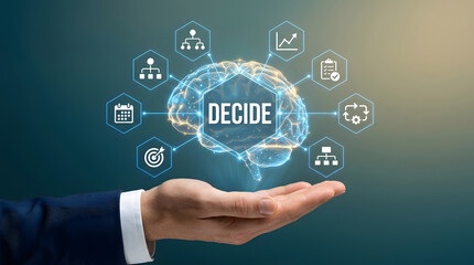 Obraz premium Decision making, business and brain with icons for intelligence, planning and strategy. Hand, technology and professional with management, leadership and innovation for corporate success growth.