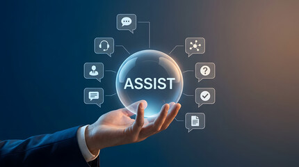 Obraz premium Customer service, assist and digital support with hand, glowing sphere and communication icons for help desk. Professional, technology and artificial intelligence with help, online solution and ai.