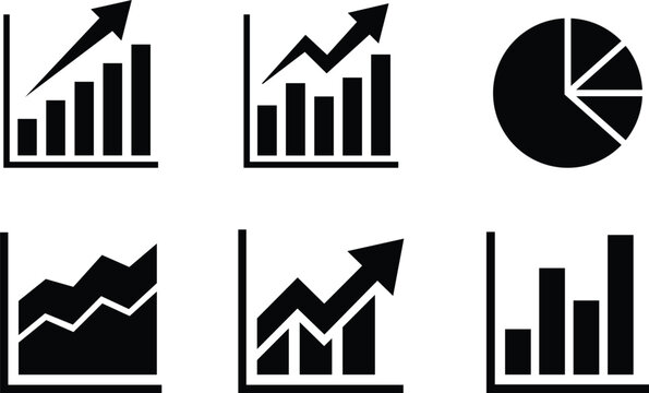 Set of black business chart and graph icons representing financial growth and data analysis for professional reports