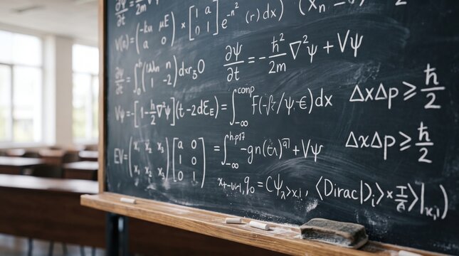 Complex quantum physics and calculus mathematical formulas written in white chalk on a dark green classroom chalkboard with a wooden frame and an eraser resting on the ledge in a blurred school room