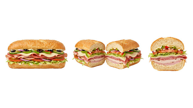 Set of 3 isolated submarine sub sandwiches with ham cheese and lettuce elements, fast food