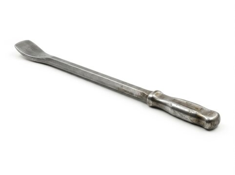An old, weathered metal pry bar or tire iron tool with a hand-forged finish, isolated on a clean white background.