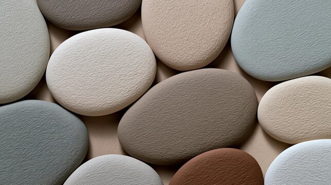 Close-up of a group of small, round objects arranged in a random pattern. the objects appear to be made of a soft, textured material, possibly stone or concrete.