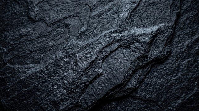Dark black slate stone wall texture with rugged uneven surface and deep natural fissures showing layered rock formations and sharp shadows across the grainy mineral
