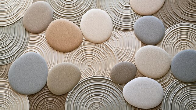 Close-up of a group of round, beige-colored stones arranged in a circular pattern. the stones are of different sizes and shapes, with some being larger and others being smaller.