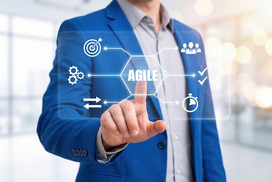 Businessman touching digital agile project management interface in modern office.