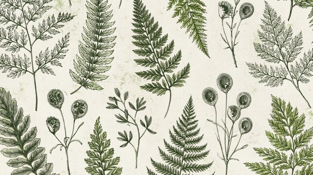 Seamless pattern of various types of fern leaves and flowers. the leaves are arranged in a repeating pattern on a white background.