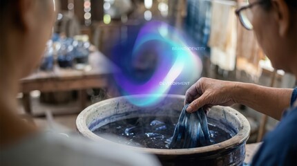 Fototapeta premium Person dipping cloth into dark liquid with futuristic brand identity development visual overlay
