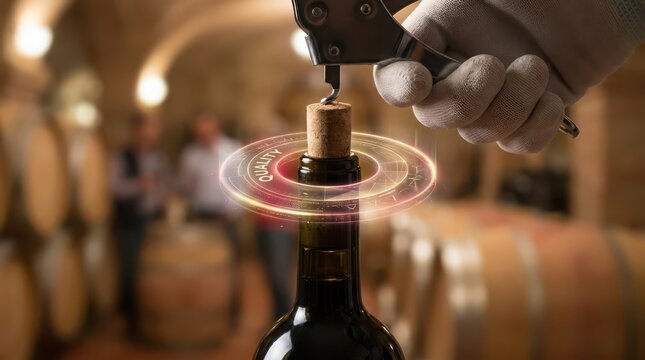 Wine bottle being sealed with a cork using a specialized machine in a winery setting