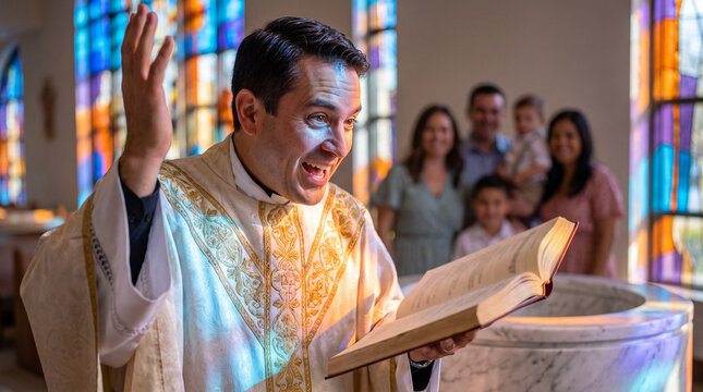 Priest reading baptism liturgy, Catholic priest performing baptism ceremony with family in church  