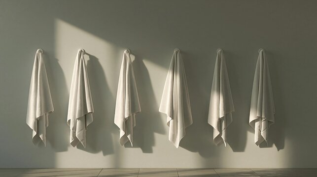 Five white towels hanging on a wall in an empty room.