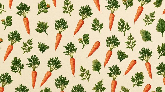 Seamless pattern of orange carrots with green leaves on a light beige background. the carrots are arranged in a repeating pattern, with each carrot facing towards the left side of the image.