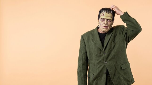 Man in a Frankenstein monster costume scratching his head with a puzzled expression against a peach background with copy space