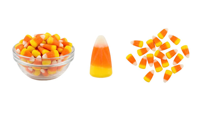 Set of 3 isolated Halloween candy corn pieces and bowl elements, holiday sweets