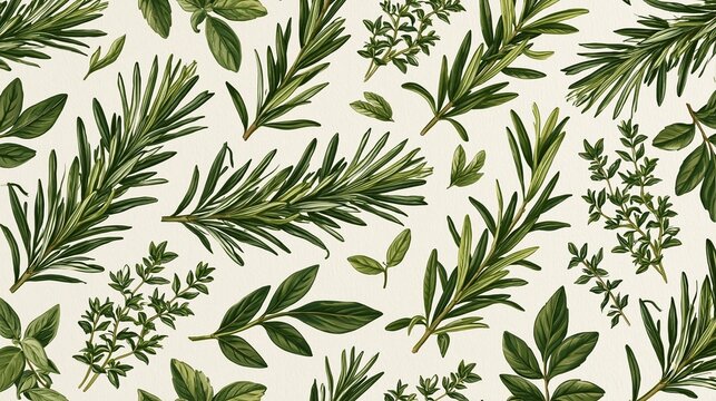 Seamless pattern of various types of herbs and leaves on a white background. the plants are arranged in a repeating pattern, with each plant having a unique shape and size.