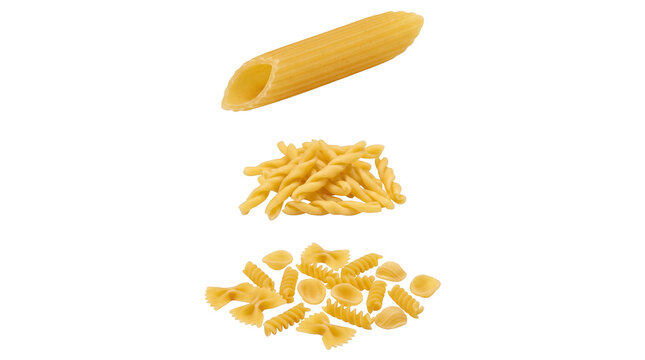 Set of 3 isolated uncooked penne and trofie pasta elements, Italian food