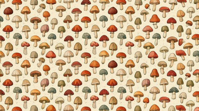 Seamless pattern of small, colorful mushrooms. the mushrooms are arranged in a repeating pattern on a beige background.