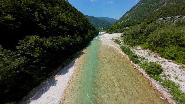 Soca River With Crystal-clear Emerald Green Water In Summer In Slovenia. - aerial shot
