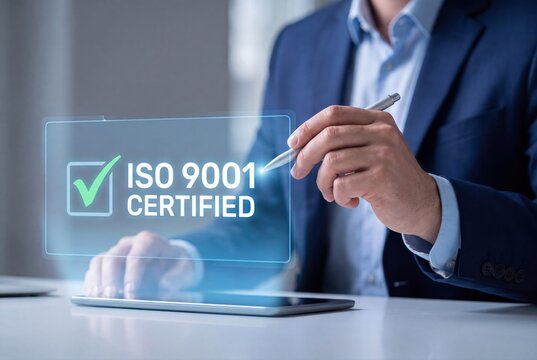 Businessman interacting with a digital ISO 9001 certified quality management hologram