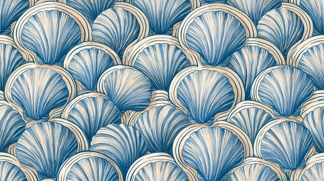 Seamless pattern of blue and white scallop shells. the shells are arranged in a repeating pattern, with each shell having a unique shape and size.