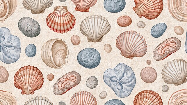 Seamless pattern of various seashells and pebbles on a beige background. the shells are of different sizes and shapes, with some having a scalloped edge and others having a flat base.