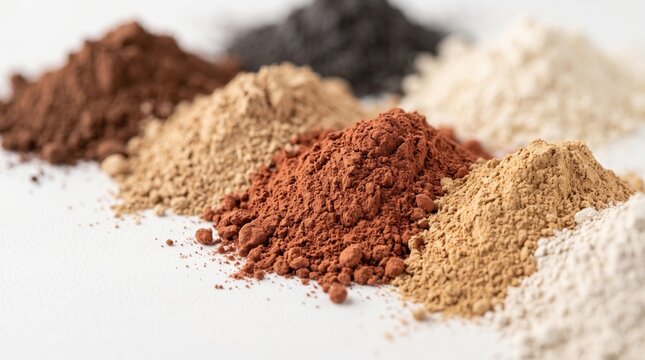 Mounds of loose cosmetic pigment powder in various shades of brown beige black and white arranged on a white surface