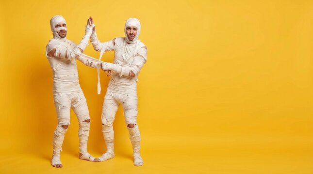 Two men dressed in mummy costumes wrapped in white bandages looking confused while standing against a bright yellow background with copy space