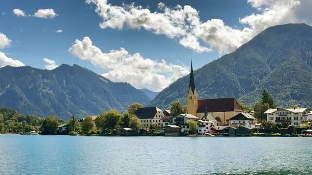 Scenic View of Lake Tegernsee and St Laurentius Church in Bavaria 4K